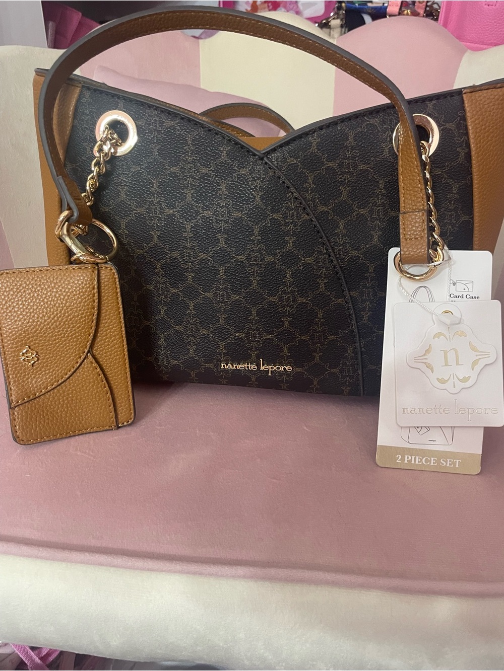Nanette Lepore Black Logo Tote with Brown Accents & Card Case